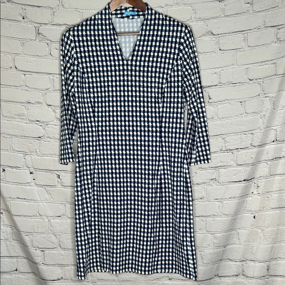 J. McLaughlin Navy and White Print V-Neck Dress Size Large Excellent Condition